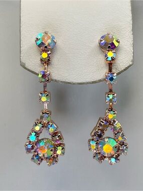 Rose Gold Tone AB Crystal Dangle Earrings Aurora Borealis Statement